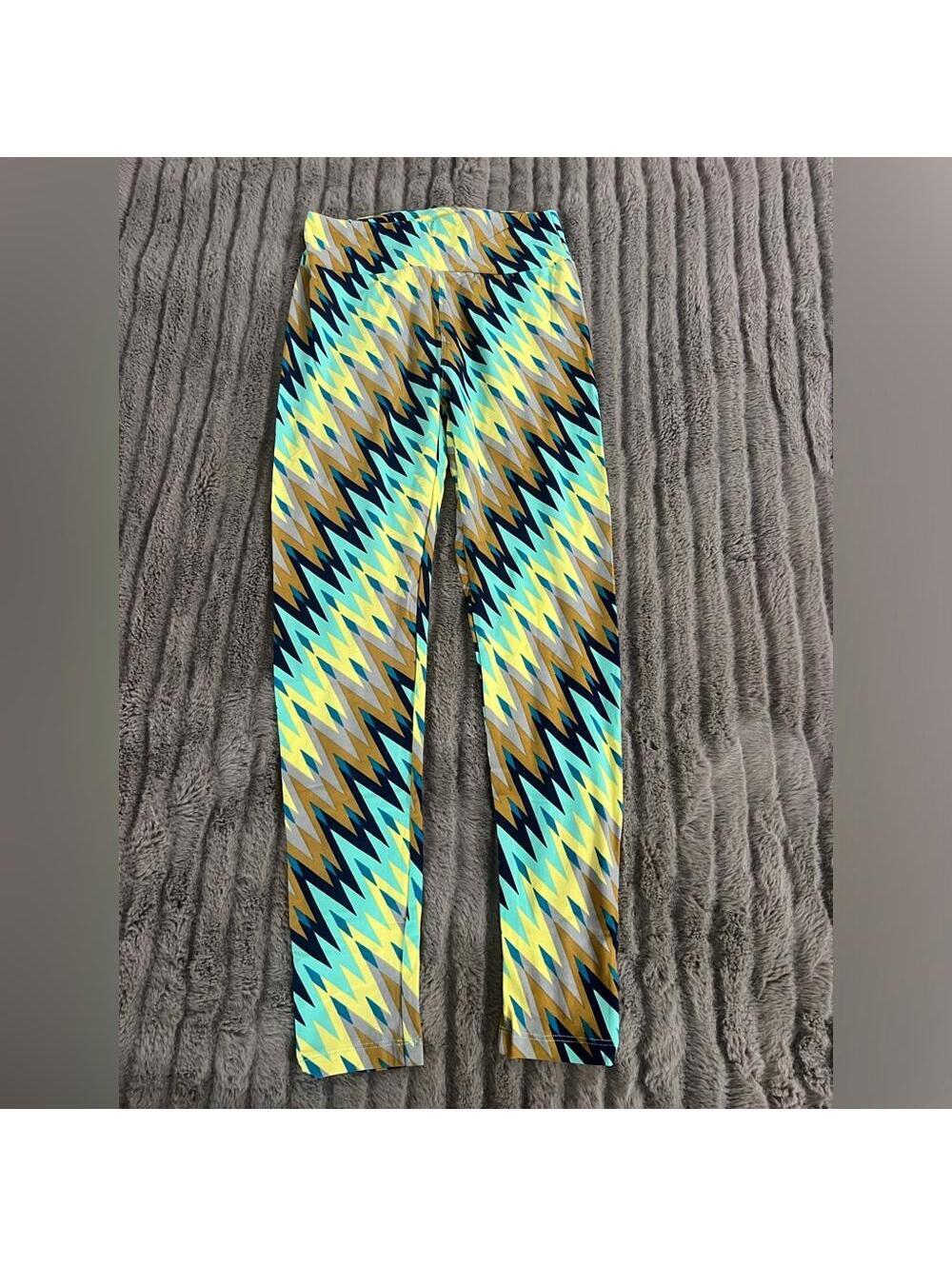 LuLaRoe Leggings One Size OS Bright Zig Zag green yellow brown Waves NWOT